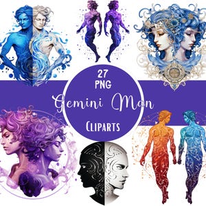 Watercolor Gemini Man Clipart Bundle Zodiac Sign Png Astrology Print Zodiac Sublimation For Paper Craft Scrapbooking Junk Journaling