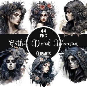 Aquarell Gothic Toten Frau Clipart Bundle dunkel La Catrina Tag der Toten Mädchen Png Dark Fantasy Clipart Dark Scrapbooking Junk Journaling