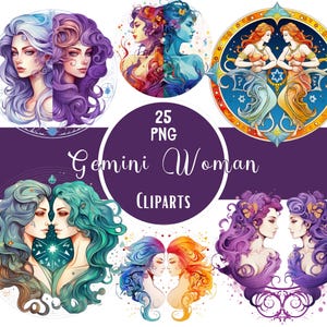 Watercolor Gemini Woman Clipart Bundle Zodiac Sign Png Astrology Print Zodiac Sublimation For Paper Craft Scrapbooking Junk Journaling