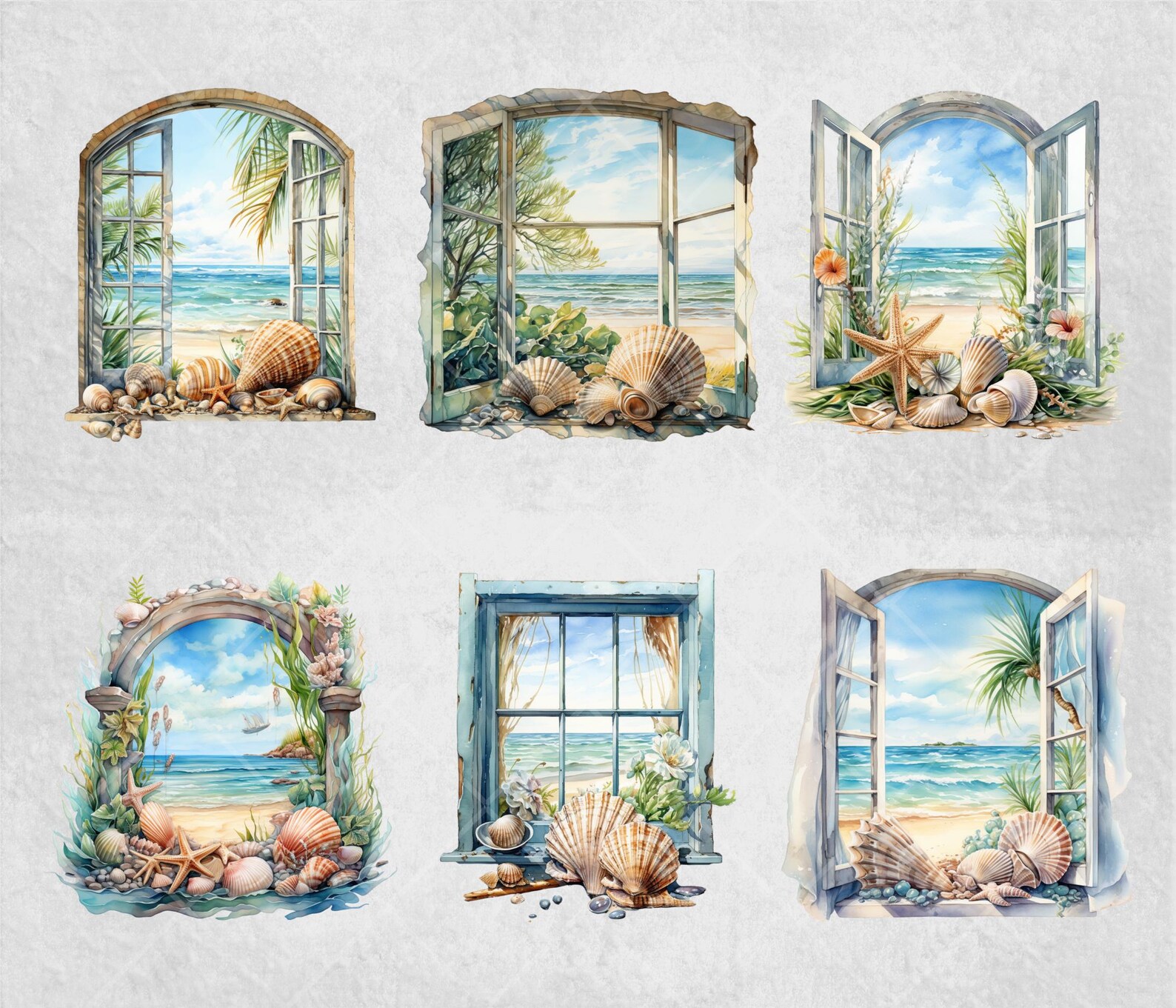 Watercolor Seashell Window Clipart Bundle: Ocean View PNG (commercial ...