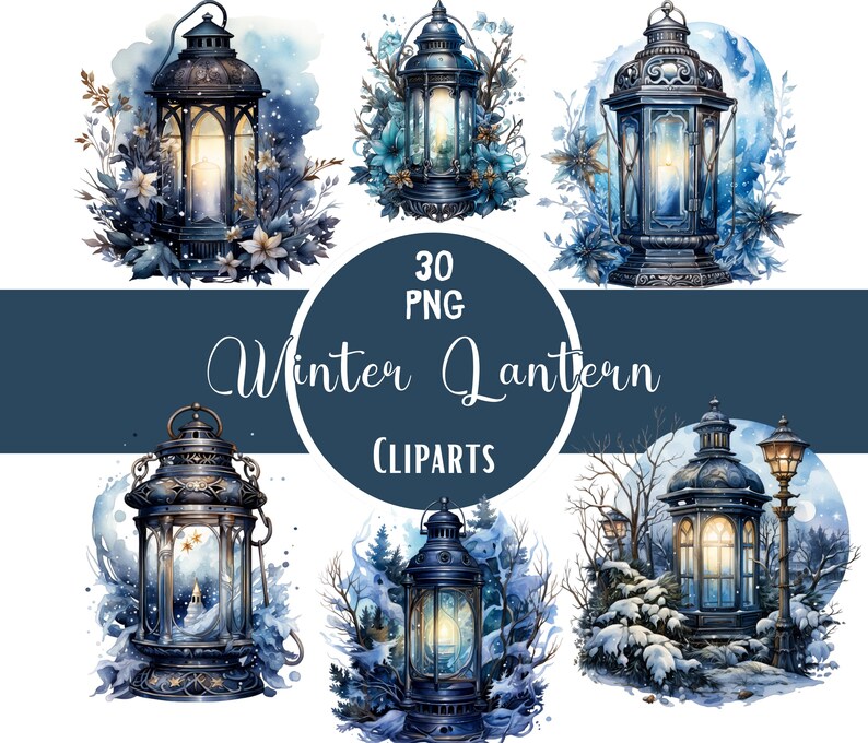 Watercolor Winter Lantern Clipart Bundle: Snowy PNG Graphics (digital ...