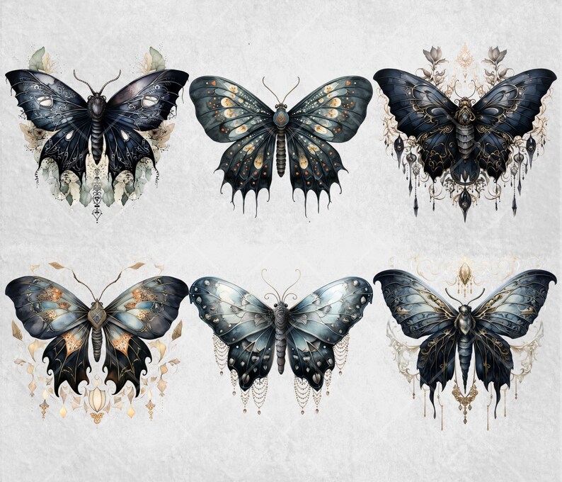 Gothic Insect Watercolor Halloween Gothic Moth Clipart Bundle Goth Design Mystical ...