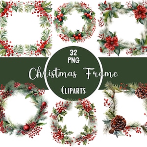 Watercolor Christmas Frame Clipart Bundle: Holiday Wreaths (PNG Digital Download)