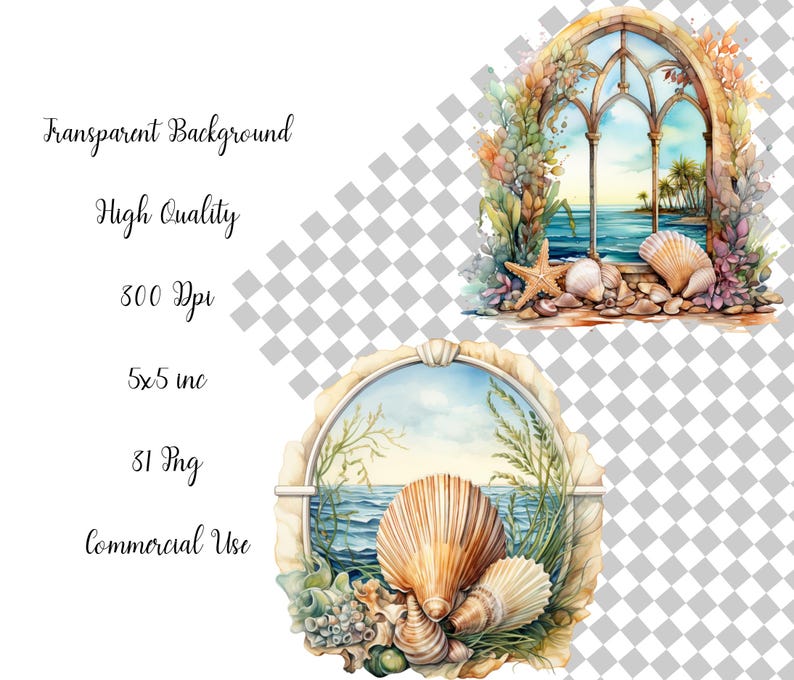 Sea Window View Sea Shell Watercolor Seashell Window Clipart Bundle: Ocean View PNG (commercial ...
