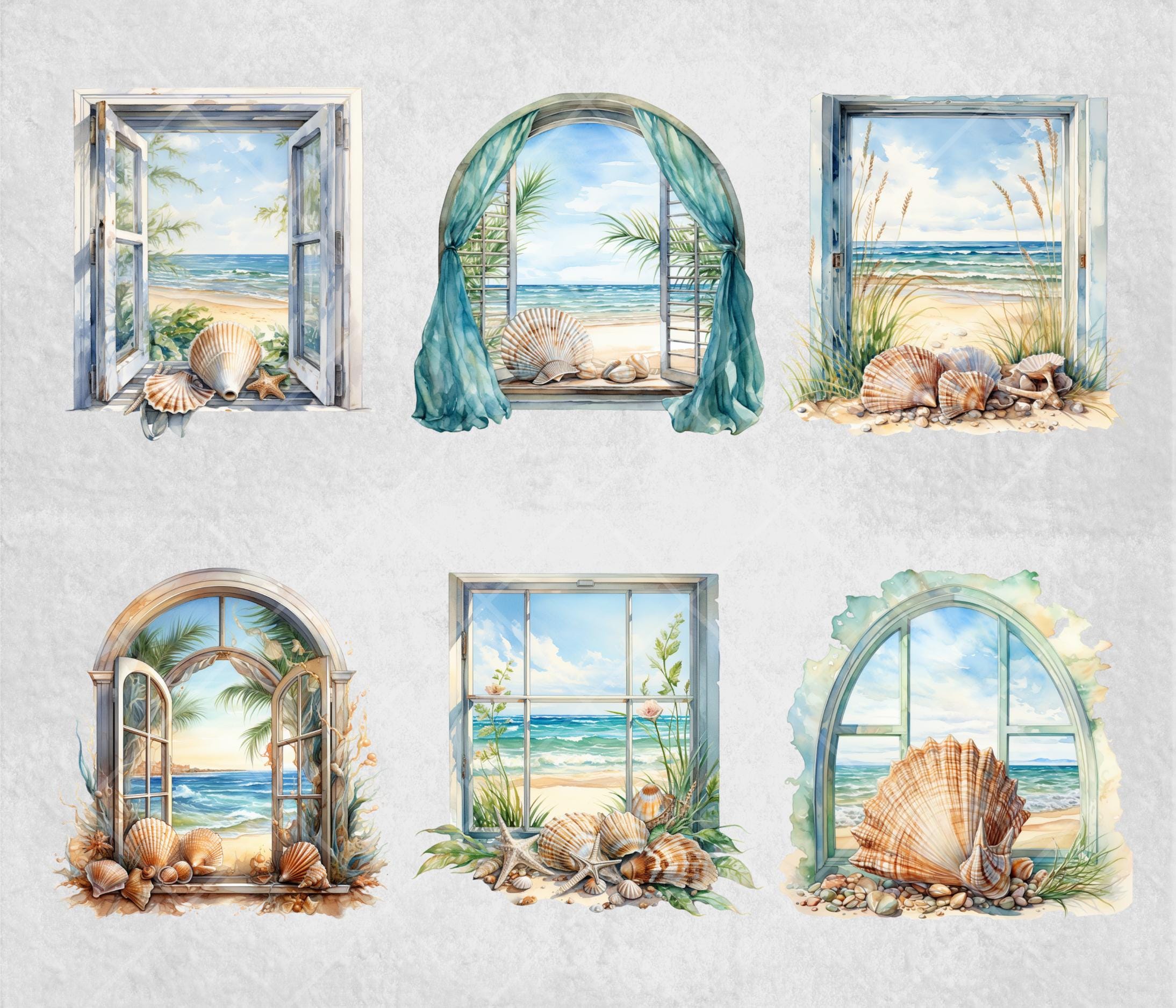 Watercolor Seashell Window Clipart Bundle: Ocean View PNG (commercial ...