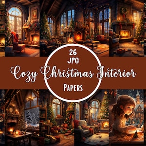 Watercolor Cozy Christmas Interior Scenes Cozy Rooms With Decorations Cozy Holiday Graphics Winter Decoration Living Room Scenes Cozy Rooms