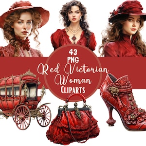 Red Victorian Woman Clipart Bundle: Burgundy Fashion PNG (43 Files)