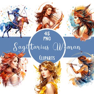 Paquete de imágenes prediseñadas de mujer Sagitario en acuarela Signo del zodíaco Png Impresión astrológica Sublimación del zodíaco para manualidades de papel Scrapbooking Junk Journaling
