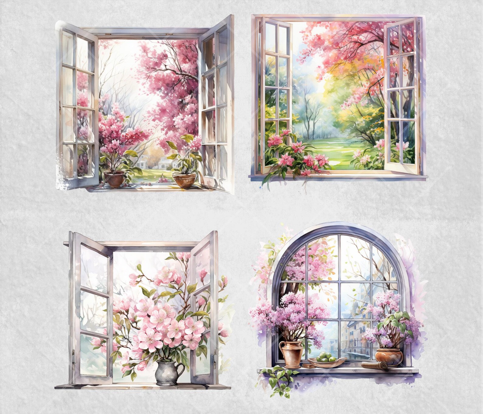 Watercolor Floral Window Clipart Bundle: Spring Graphics (PNG, 5x5 Inch ...