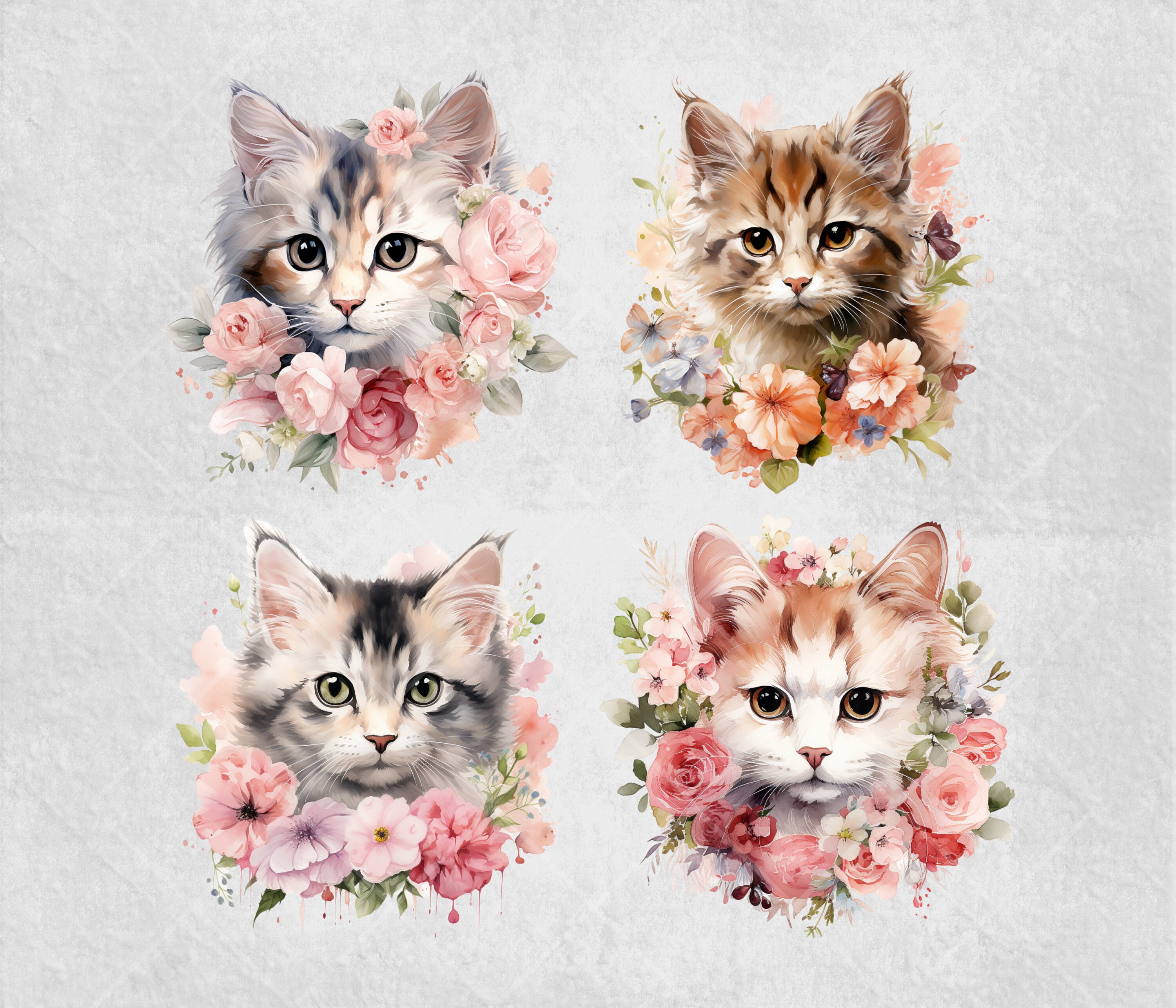 Watercolor Floral Cat Clipart Nursery Cat Illustrations Watercolor ...
