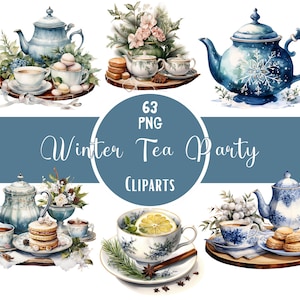 Aquarel winter tea party tijd clipart bundel winter decoratie gezellig drankje en desserts ontwerp witte tea party kunst uitnodigingskaart plakboek