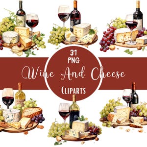 Clipart di vino e formaggio ad acquerello, pacchetto di png di uva da vino rosato, decorazioni gourmet, clipart di vigneti, pacchetto di vino per scrapbook, diario spazzatura