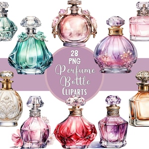 Aquarell Parfüm Flasche Clipart Pack Make-up Grafiken Feminine Grafiken Vintage Flaschen für die Kartenherstellung, Junk Journaling und Scrapbooking