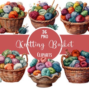 Panier tricot aquarelle Clipart tricot et fil au Crochet graphiques Hobby Clipart imprimables papier artisanat Scrapbooking Junk Journal