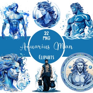 Bundle de cliparts aquarelle homme Verseau signe du zodiaque Png astrologie impression zodiaque Sublimation pour travaux manuels en papier Scrapbooking, journalisation indésirable
