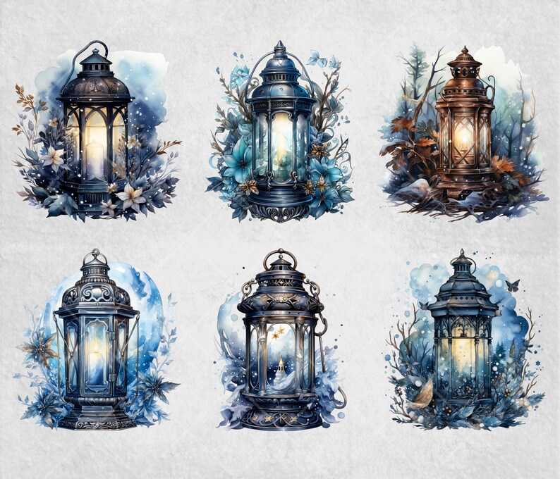 Watercolor Winter Lantern Clipart Bundle: Snowy PNG Graphics (digital ...