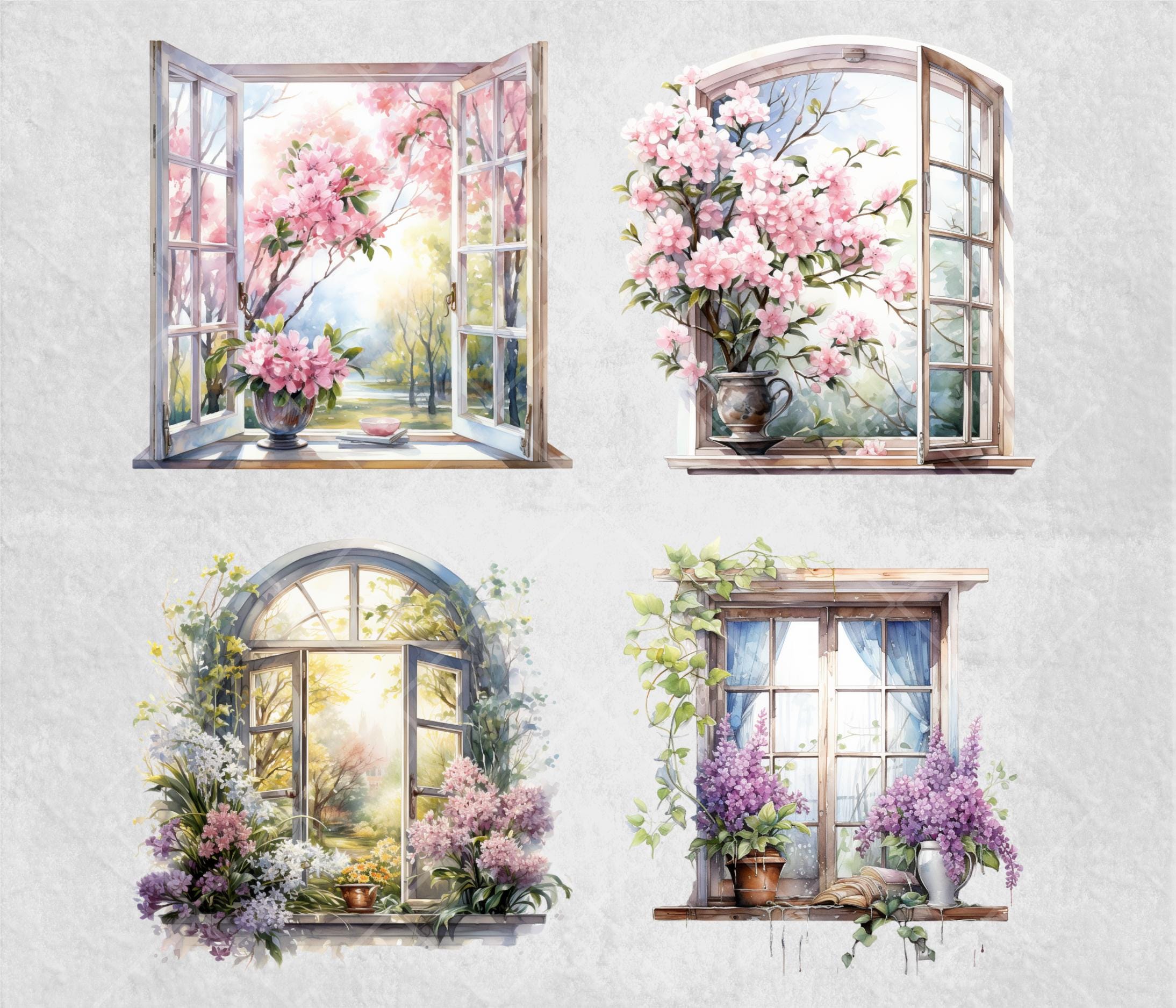 Watercolor Floral Window Clipart Bundle: Spring Graphics (PNG, 5x5 Inch ...