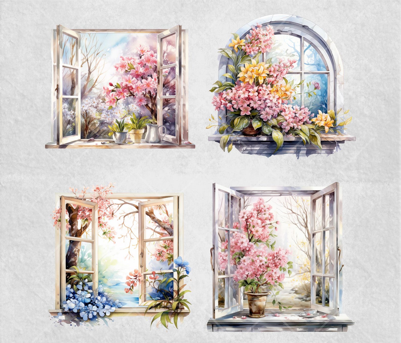 Watercolor Floral Window Clipart Bundle: Spring Graphics (PNG, 5x5 Inch ...