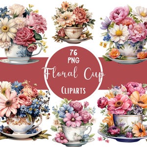 Pacchetto di clipart di tazze floreali ad acquerello Fiore in tazza da tè Png Bundle Tea Time Art per artigianato di carta Junk Journaling Scrapbooking Uso commerciale