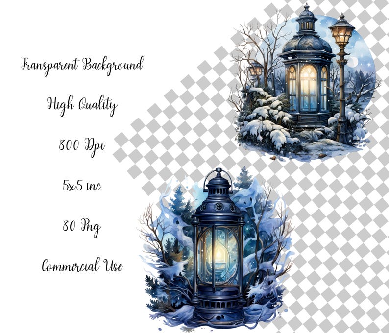 Watercolor Winter Lantern Clipart Bundle: Snowy PNG Graphics (digital ...