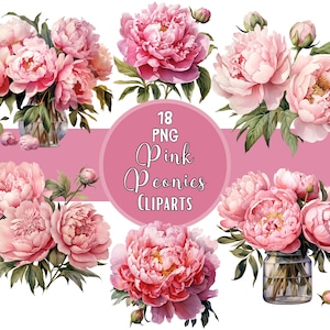 Watercolor Pink Peony Clipart: Floral Bouquet PNG Set (Digital Download)