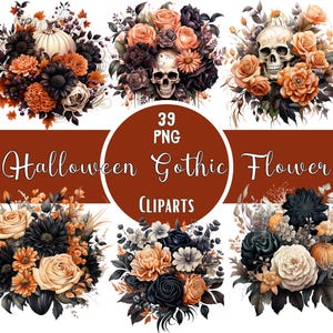 Watercolor Gothic Halloween Flower Clipart: Dark Floral PNG Bundle