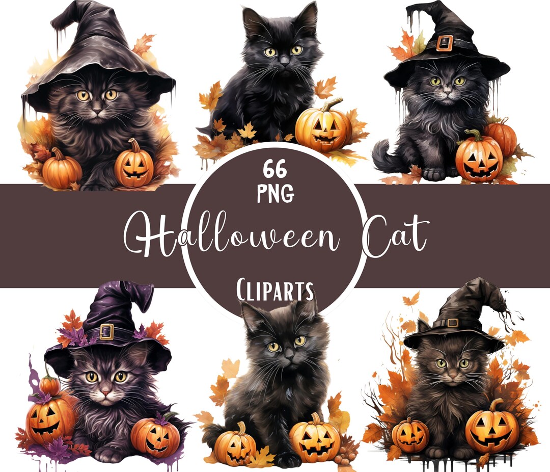 Watercolor Halloween Cat Clipart Bundle Spooky Cat Halloween Png Bundle ...