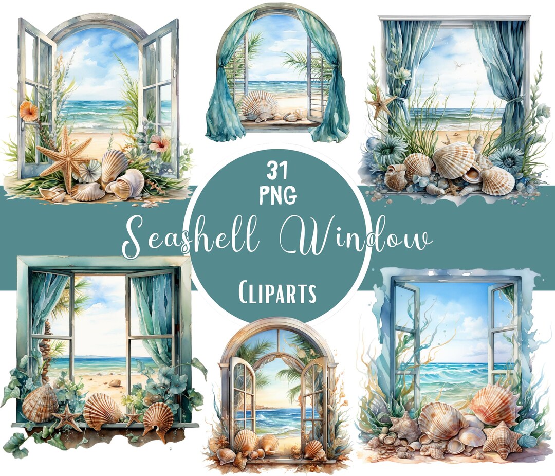 Sea Window View Sea Shell Watercolor Seashell Window Clipart Bundle: Ocean View PNG (commercial ...