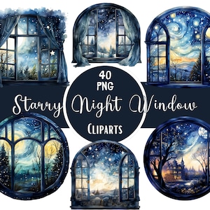 Watercolor Starry Night Window Clipart: Fantasy Landscape PNG Bundle