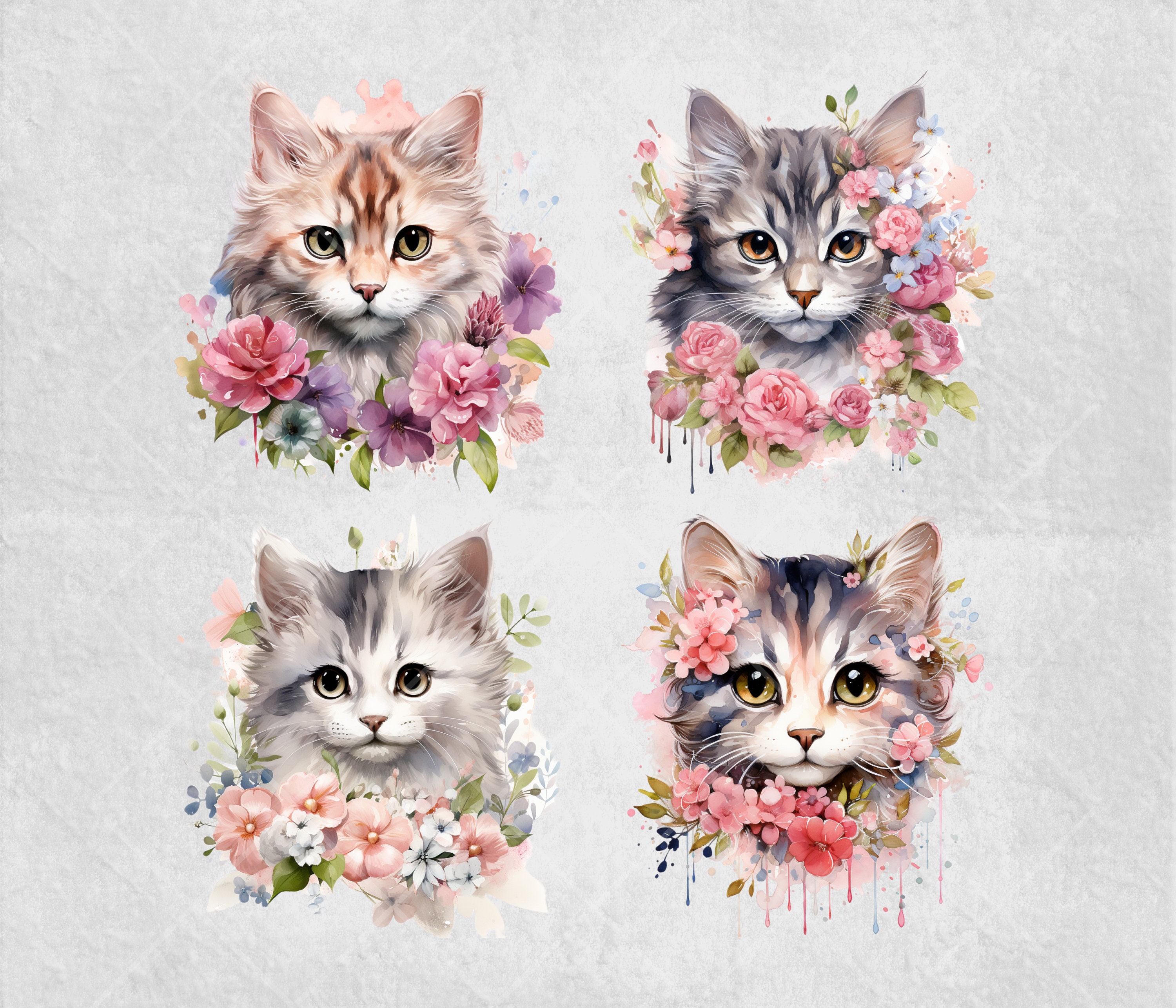 Watercolor Floral Cat Clipart Nursery Cat Illustrations Watercolor ...