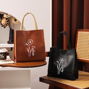 Personalized Women&#39;s Leather Bags, Custom Month Flower Handbags, Bridal Shower Bag, Leather Shopping Bag, Gifts For Her, Women Tote Bag