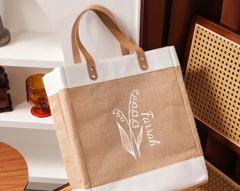 Personalized Month Flower Tote Bags, Jute Tote Bags, Custom Beach Jute Bags, Wedding Favor, Bridesmaid Tote Bags, Bridal Shower Bag