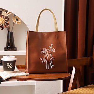 Personalized Women&#39;s Leather Bags, Custom Month Flower Handbags, Bridal Shower Bag, Leather Shopping Bag, Gifts For Her, Women Tote Bag