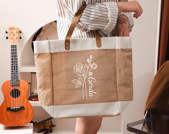 Personalized Month Flower Tote Bags, Jute Tote Bags, Custom Beach Jute Bags, Wedding Favor, Bridesmaid Tote Bags, Bridal Shower Bag