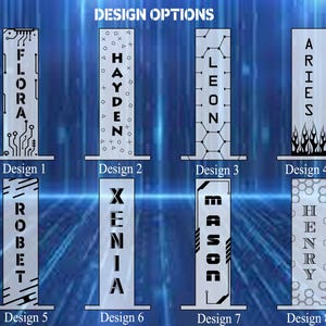 May include: Eight silver-colored decorative pillars with various designs and names. The text "DESIGN OPTIONS" is at the top. Each pillar has a unique design, including names like "FLORA," "HAYDEN," "LEON," and "ARIES." The pillars are set against a blue background.