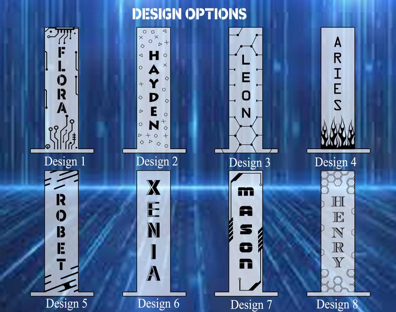 May include: Eight silver-colored decorative pillars with various designs and names. The text "DESIGN OPTIONS" is at the top. Each pillar has a unique design, including names like "FLORA," "HAYDEN," "LEON," and "ARIES." The pillars are set against a blue background.