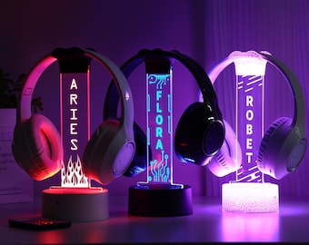 Soporte para auriculares LED personalizado, soporte para auriculares Streamer, letrero luminoso LED Gamertag, soporte para auriculares, regalos de San Valentín