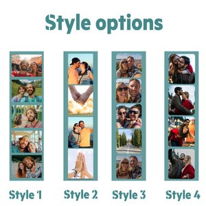 Pu&ograve; includere: Immagine che mostra quattro opzioni di stile. Ogni stile &egrave; rappresentato da un collage verticale di foto, con coppie e gruppi di persone. Il testo "Style options" &egrave; in alto, con "Style 1" a "Style 4" in basso.