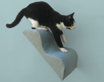 cat wall step memphis squiggle stairstep, zip-on washable slipcover, dusty seafoam velvet, chunky cotton, midcentury modern cat perch