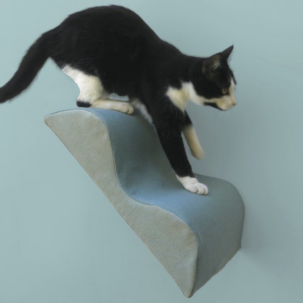 cat wall step memphis squiggle stairstep, zip-on washable slipcover, dusty seafoam velvet, chunky cotton, midcentury modern cat perch