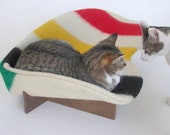 Retro modern pet bed in wool stripe Hudson's Bay point blanket, red green yellow black