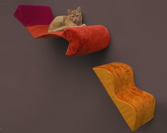 cat wall bed & step bauhaus memphis, zip-on washable slipcovers, orange mango velvet, rust burgundy wool, geometric midcentury modern shelf