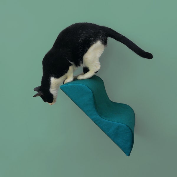 cat wall step memphis squiggle stairstep, zip-on washable slipcover, jade teal vintage wool, cotton twill, midcentury modern cat perch