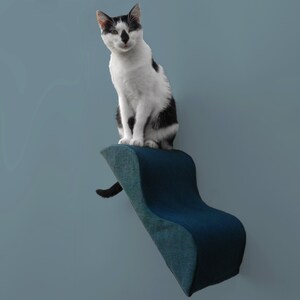 cat wall step memphis squiggle stairstep, zip-on washable slipcover, teal vintage wool, cotton denim twill, midcentury modern cat perch