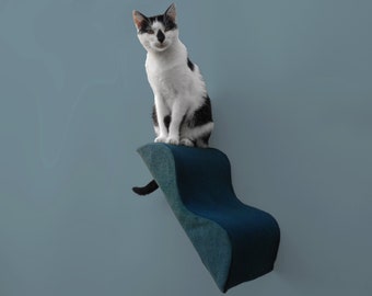 cat wall step memphis squiggle stairstep, zip-on washable slipcover, teal vintage wool, cotton denim twill, midcentury modern cat perch