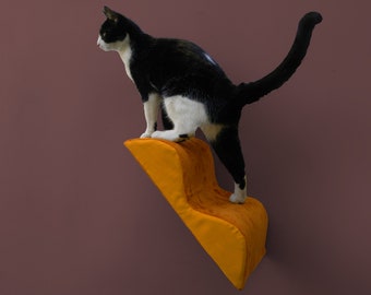 cat wall step memphis squiggle stairstep, zip-on washable slipcover, mango orange vintage velvet, wool twill, midcentury modern cat perch