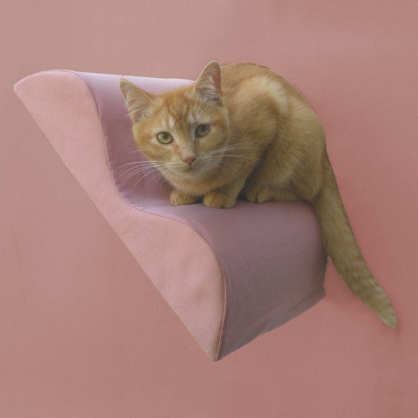 cat wall step memphis squiggle stairstep, zip-on washable slipcover, pastel blush dusty pink cotton, midcentury modern cat perch