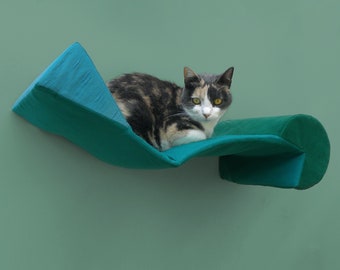 cat wall bed bauhaus shelf, zip-on washable slipcover, turquoise teal emerald green velveteen, geometric midcentury modern chaise lounge