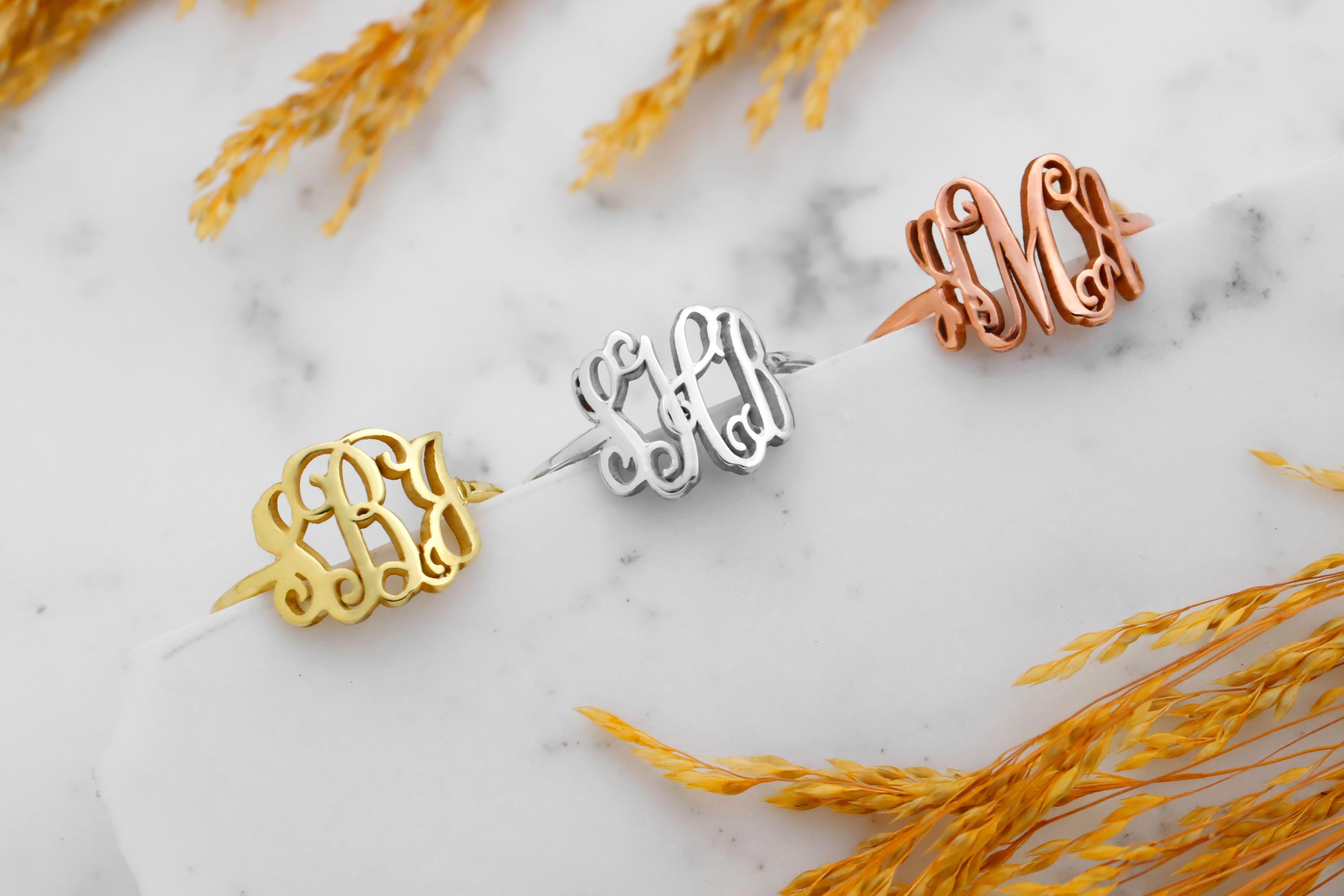 14K Gold Custom Initial Ring: Sterling Silver Monogram - Etsy