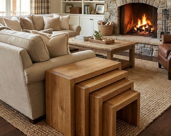 Juego de 4 mesas de centro rústicas de madera hechas a mano, estilo rústico de borde natural.